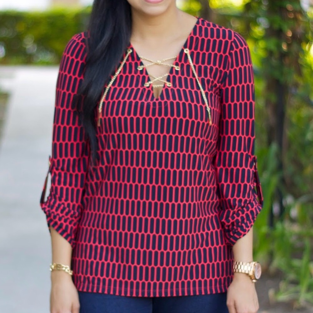 MICHAEL Michael Kors Red and Black Patterned Tunic Top - Size Small